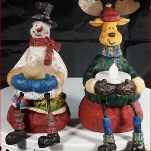 Christmas Decor Whimsical Snowman and Moose Shelf Mantle Tealight Holders